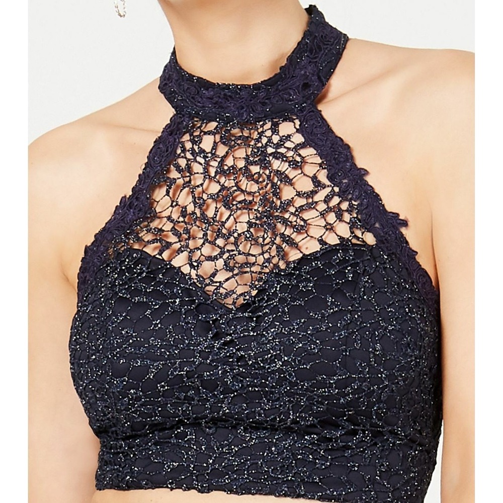 Sequin Hearts Navy Blue Lace Halter Crop Top Size 0‎ NWT - Picture 10 of 10